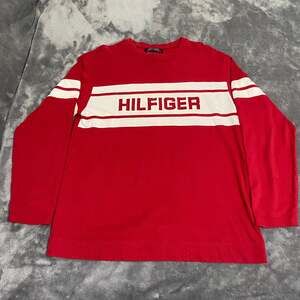 Vintage 2001 Tommy Hilfiger Red Spellout Striped Long Sleeve T-Shirt Size M